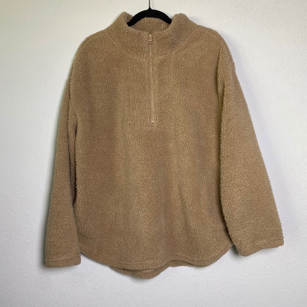 Koolaburra by UGG Womens Sherpa Fleece Quarter Zip Pullover Tan Large Teddy Soft